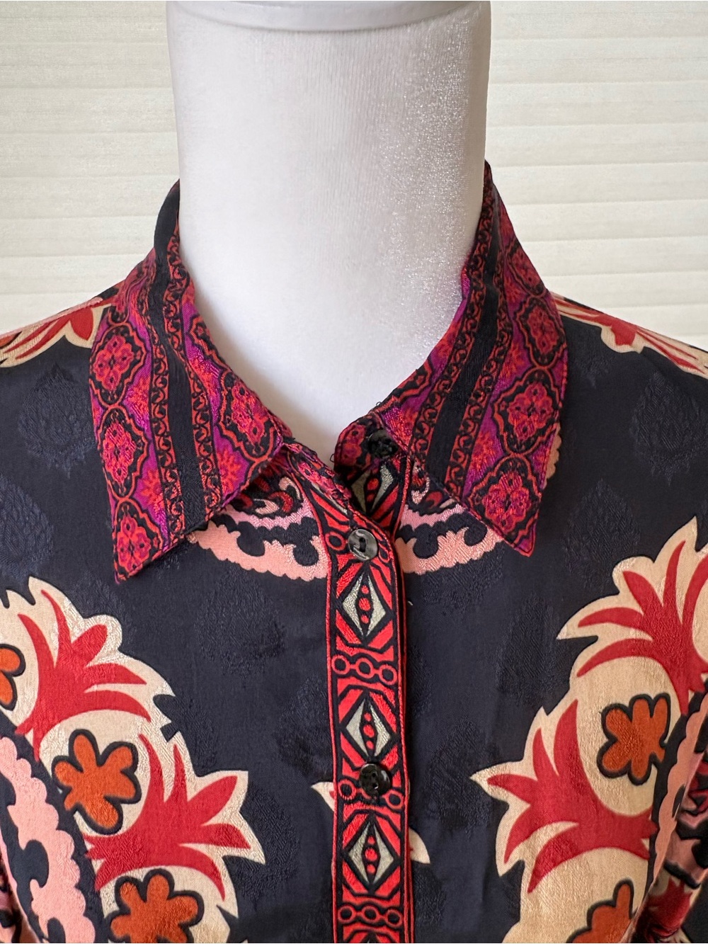 NWOT Zara Boho Black Floral Button-Up Shirt Blouse with Red and Orange Pattern - Picture 7 of 14
